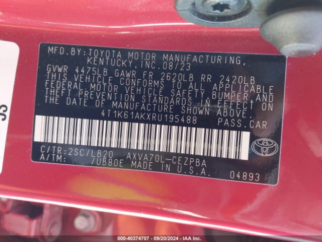 4T1K61AKXRU195488 Toyota CAMRY XSE