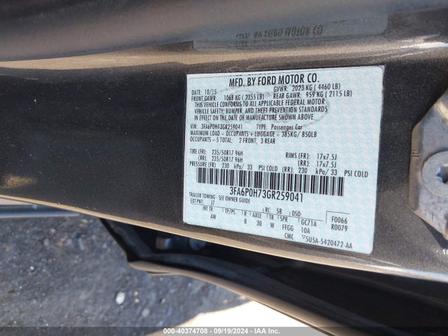 Ford FUSION SE 2016 3FA6P0H73GR259041 Image 9