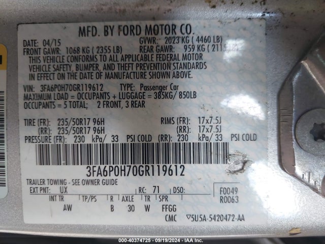 Ford FUSION SE 2016 3FA6P0H70GR119612 Image 9