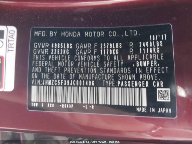 JHMZC5F39JC001496 Honda Clarity Plug-in Hybrid Touring