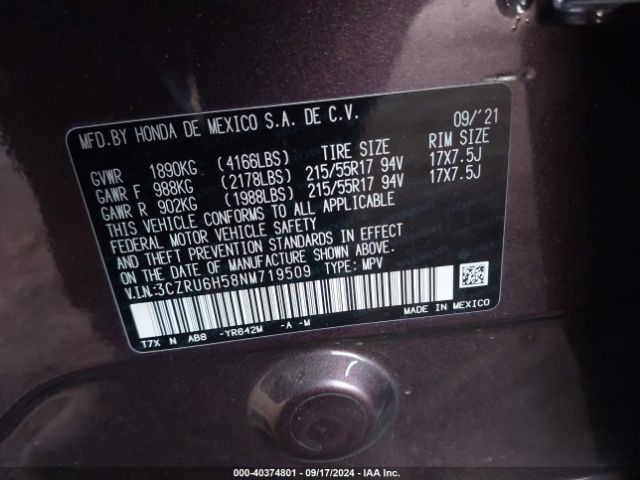 3CZRU6H58NM719509 Honda Hr-v Awd Ex