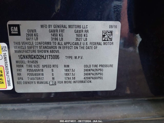 Chevrolet Traverse 1lt 2017 1GNKRGKD2HJ173006 Image 9