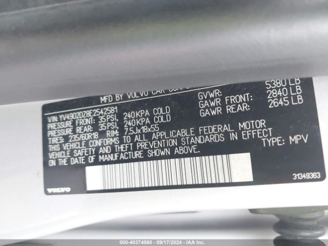 YV4902DZ8E2542581 Volvo Xc60 T6 Platinum