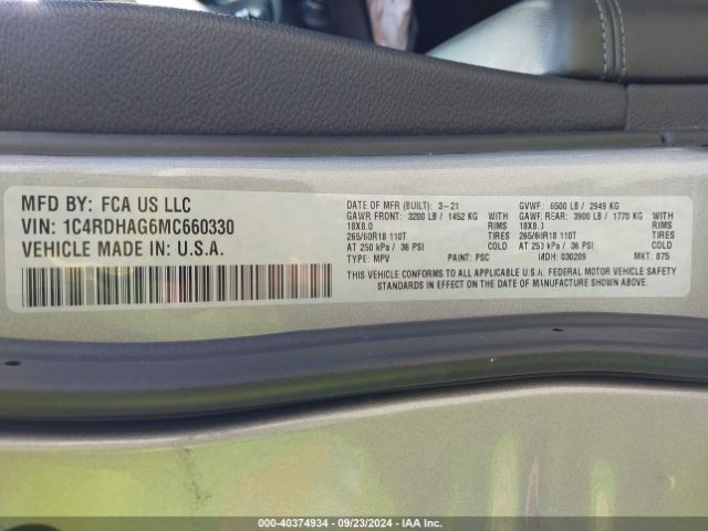 1C4RDHAG6MC660330 Dodge Durango Sxt Plus Rwd