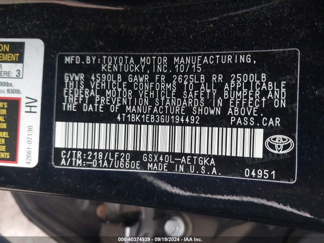 Toyota Avalon Xle Plus 2016 4T1BK1EB3GU194492 Image 9