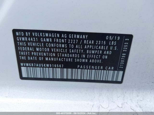 WVWKR7AU5KW916567 Volkswagen E-golf Se
