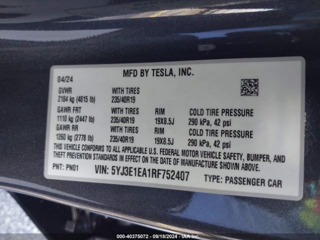 5YJ3E1EA1RF752407 Tesla Model 3 Rear-wheel Drive