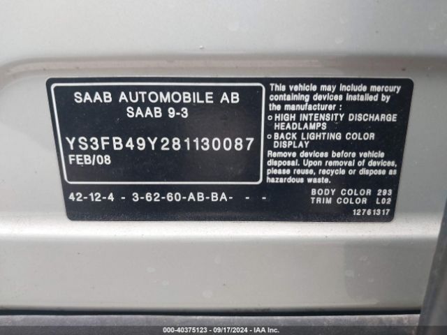 2008 SAAB 9-3 YS3FB49Y281130087 Photo 8