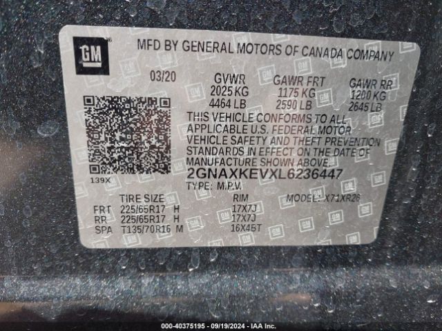 2GNAXKEVXL6236447 Chevrolet Equinox Fwd Lt 1.5l Turbo