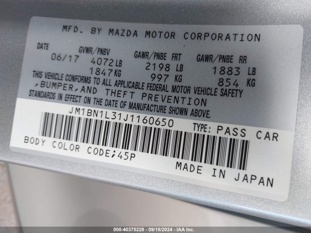 JM1BN1L31J1160650 Mazda Mazda3 Touring