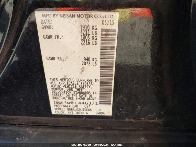 Nissan Altima 2.5 S 2015 1N4AL3AP8FC446371 Image 9