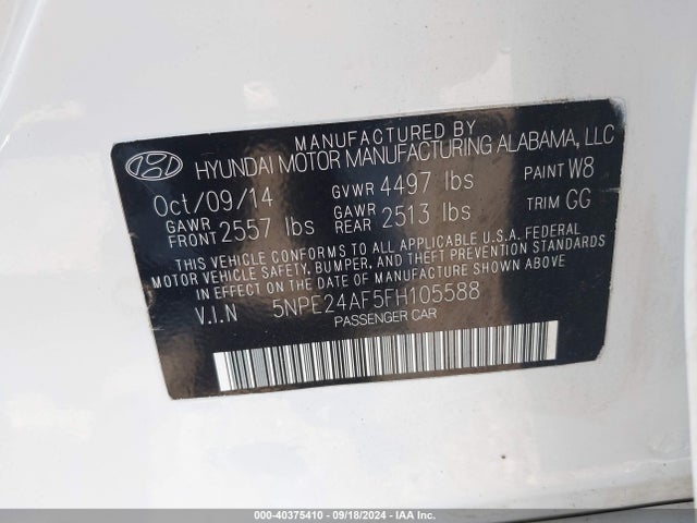 Hyundai SONATA SE 2015 5NPE24AF5FH105588 Image 9