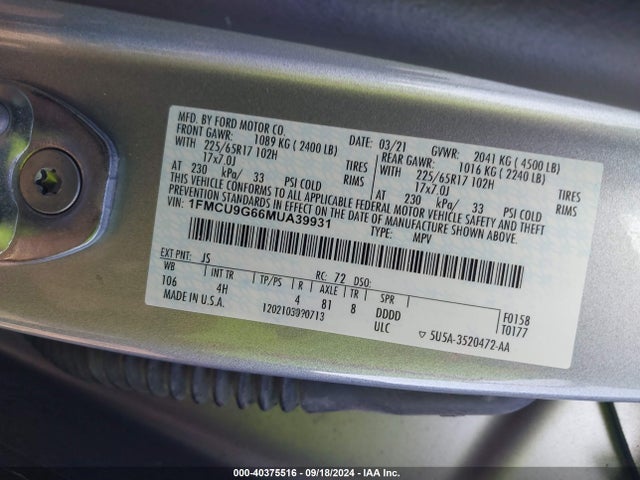 Ford ESCAPE SE 2021 1FMCU9G66MUA39931 Image 9