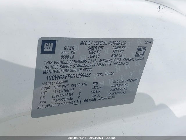 Chevrolet Express 2500 Work Van 2016 1GCWGAFF8G1269438 Image 9