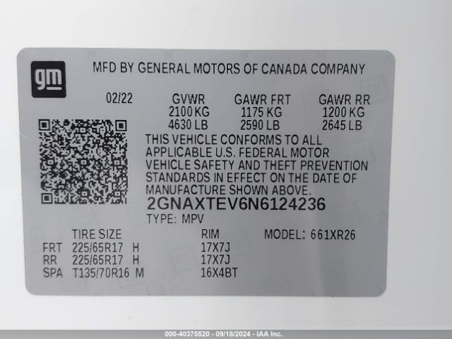 2GNAXTEV6N6124236 Chevrolet Equinox Awd 2fl