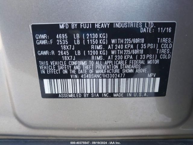 4S4BSANC1H3302477 Subaru Outback 2.5i Limited