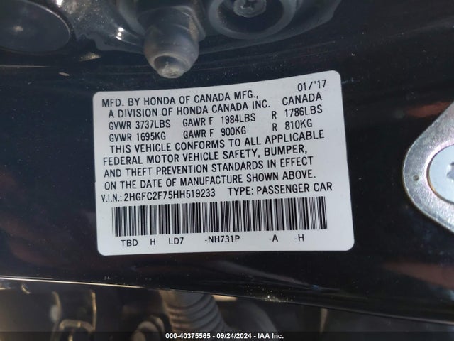 Honda CIVIC EX 2017 2HGFC2F75HH519233 Image 9