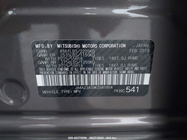 JA4AZ3A39KZ041854 Mitsubishi Outlander Sel