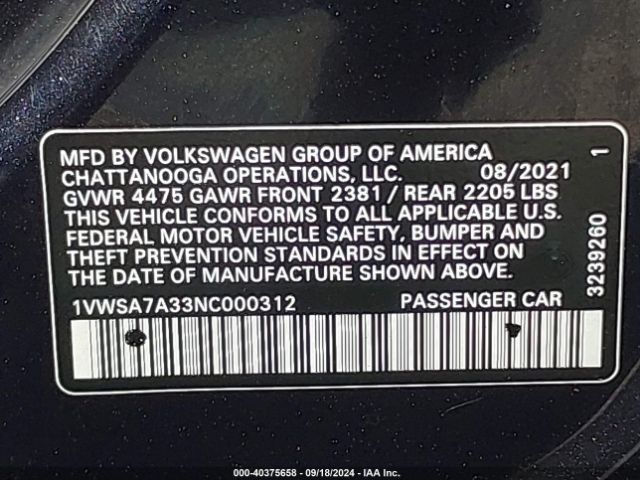 1VWSA7A33NC000312 Volkswagen Passat 2.0t Se