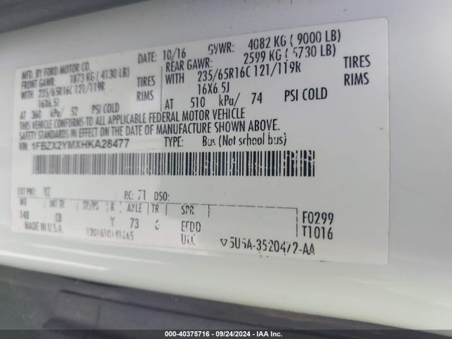Ford Transit-350 Xlt 2017 1FBZX2YMXHKA28477 Image 9