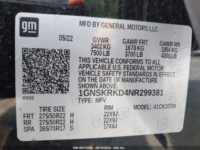 1GNSKRKD4NR299381 Chevrolet Tahoe 4wd Rst