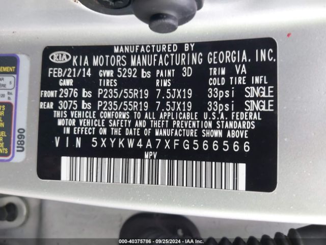 5XYKW4A7XFG566566 KIA Sorento Sx V6