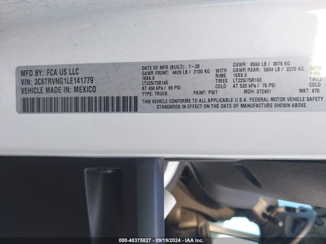 3C6TRVNG1LE141779 RAM Promaster 1500 Low Roof 118 Wb