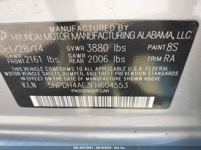 Hyundai ELANTRA SE 2015 5NPDH4AE3FH604553 Image 9