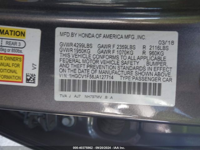1HGCV1F58JA127714 Honda Accord Ex-l