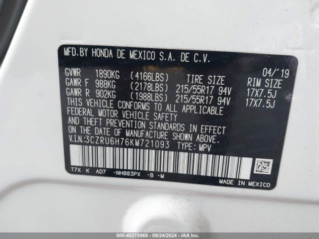 3CZRU6H76KM721093 Honda Hr-v Ex-l