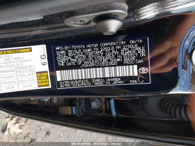 Toyota Prius Two Eco 2016 JTDKARFU1G3023820 Image 9