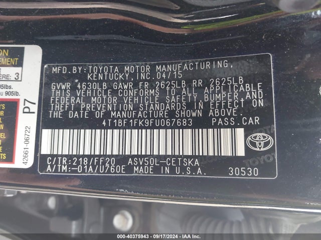Toyota CAMRY SE 2015 4T1BF1FK9FU067683 Image 9
