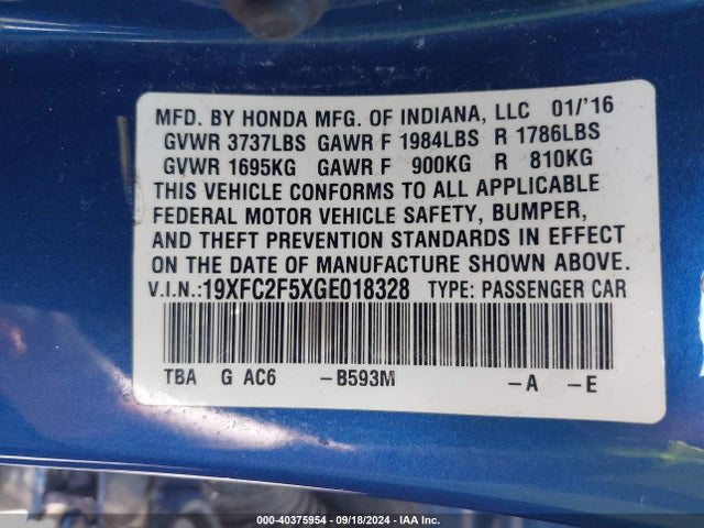Honda Civic Lx 2016 19XFC2F5XGE018328 Image 9