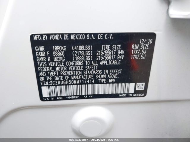 3CZRU6H50MM717414 Honda Hr-v Awd Ex