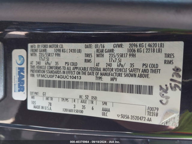 Ford ESCAPE S 2016 1FMCU0F74GUC10413 Image 9