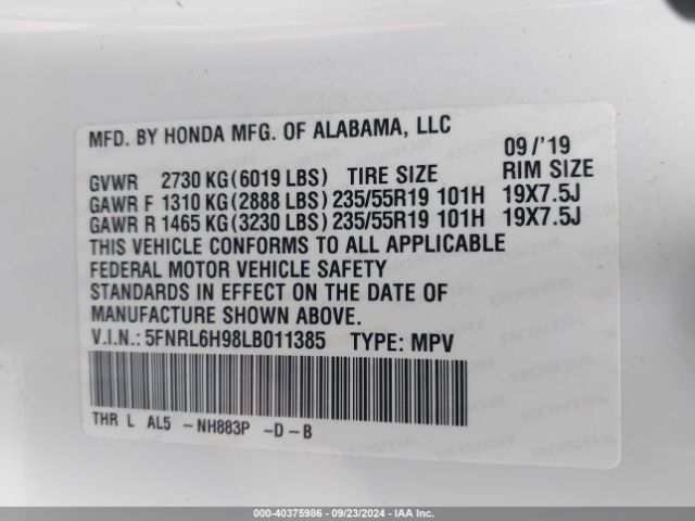 5FNRL6H98LB011385 Honda Odyssey Elite