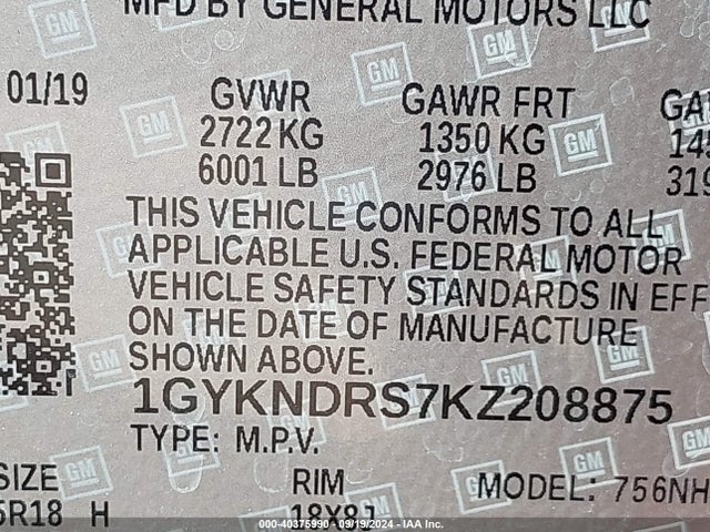 1GYKNDRS7KZ208875 Cadillac XT5 LUXURY