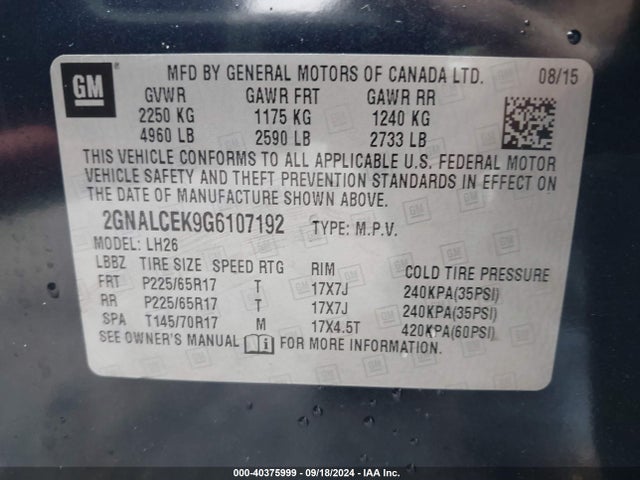 Chevrolet EQUINOX LT 2016 2GNALCEK9G6107192 Image 9