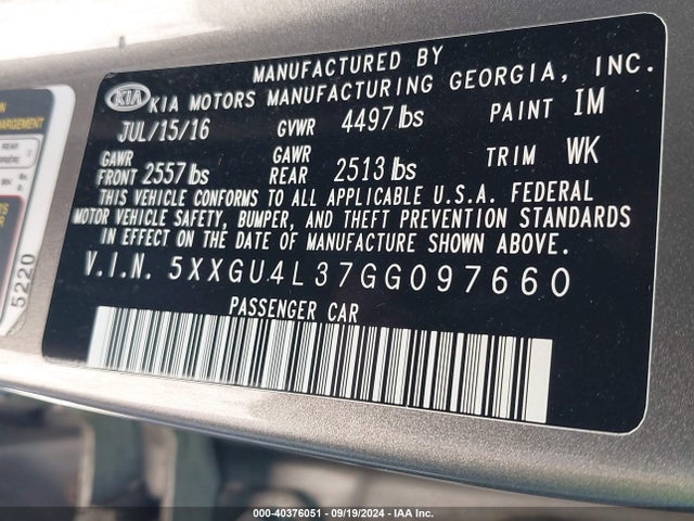 KIA OPTIMA EX 2016 5XXGU4L37GG097660 Image 9