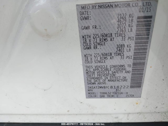 Nissan Rogue Sl 2015 5N1AT2MV8FC818222 Image 9