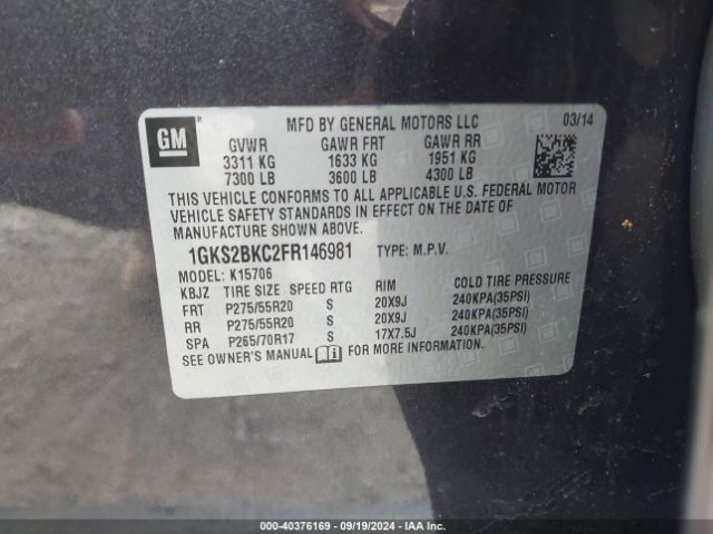 1GKS2BKC2FR146981 GMC YUKON SLT