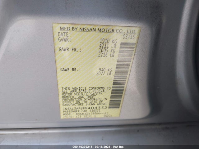 Nissan Altima 2.5 S 2015 1N4AL3AP8FN404352 Image 9