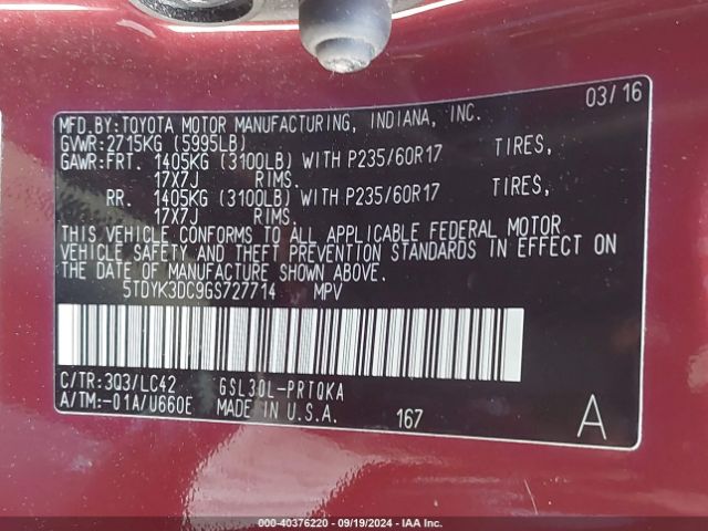 5TDYK3DC9GS727714 Toyota Sienna Xle 8 Passenger