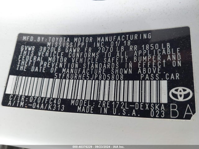 Toyota COROLLA SE 2018 5YFBURHE5JP805808 Image 9