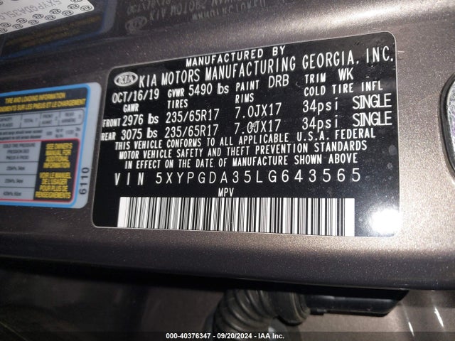 KIA Sorento 2.4l Lx 2020 5XYPGDA35LG643565 Image 9