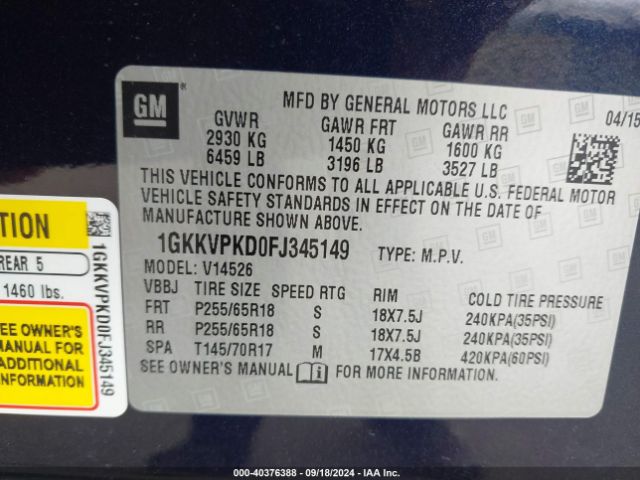 1GKKVPKD0FJ345149 GMC Acadia Sle-2