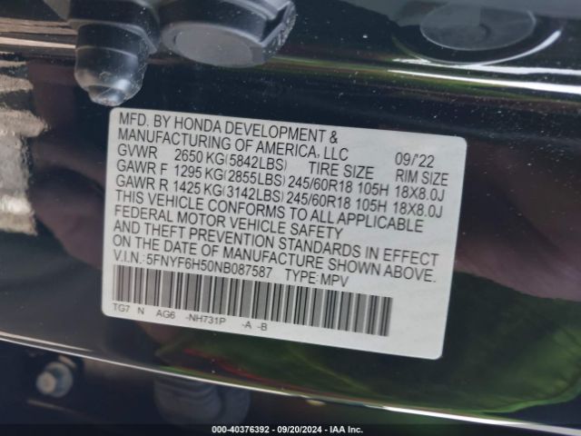5FNYF6H50NB087587 Honda Pilot Awd Ex-l