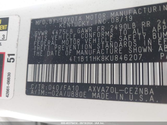 4T1B11HK8KU846207 Toyota CAMRY LE