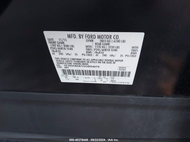 Ford EXPLORER XLT 2016 1FM5K8D81GGB54275 Image 9