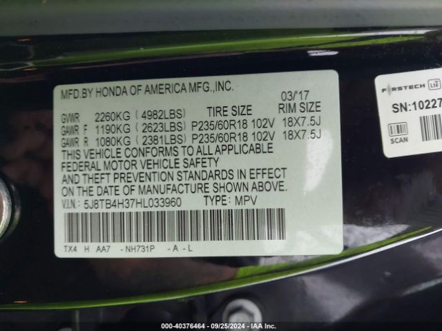 5J8TB4H37HL033960 Acura Rdx Acurawatch Plus Package